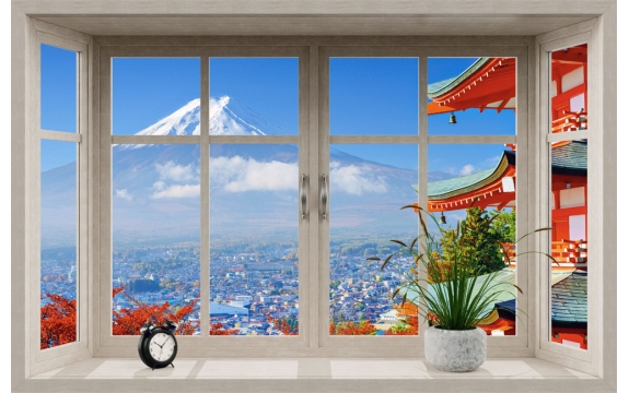 Фотообои FTS-02-00002 Вид из окна на храм и гору Фудзияма