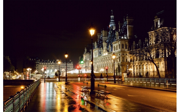 Фотообои FTS-04-00008 Набережная города Парижа, ночная улица города с фонарями