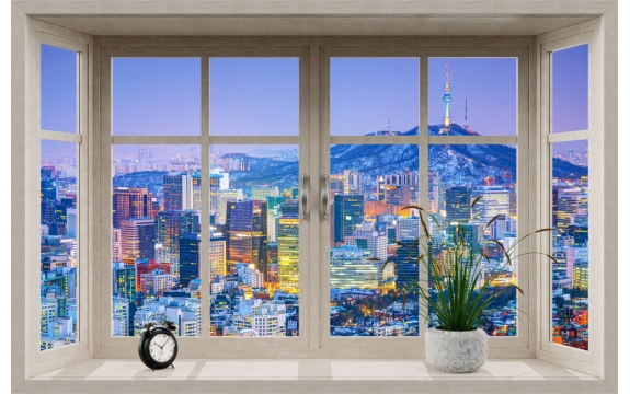 Фотообои MS-00035 Окно с видом на ночной город Сеул
