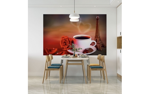 Фотообои FTS-13-00001 Кофе в чашке, роза, Эйфелева башня для кухни №1