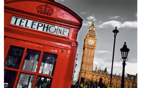 Фотообои FTL-04-00017 Телефонная будка на фоне Биг-Бена, черно-белый Лондон