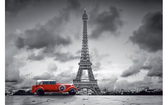 Фотообои FTL-04-00021 Ретро машина у Эйфелевой башни, черно-белый Париж