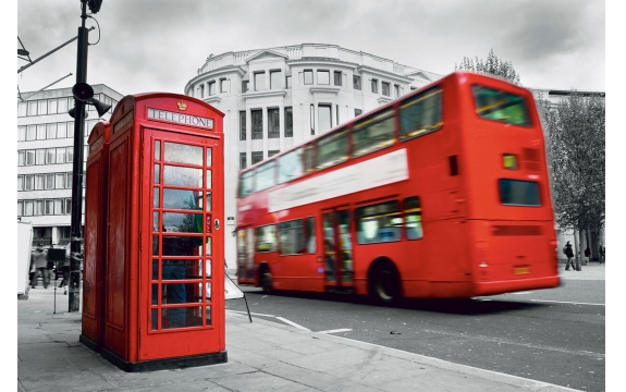 Фотообои FTL-11-00002 Лондон: красная телефонная будка и автобус, черно-белые