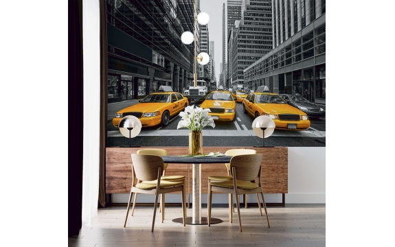 Фотообои FTL-11-00004 Город Нью-Йорк в черно-белом стиле и акцент на желтом такси посреди улицы №1