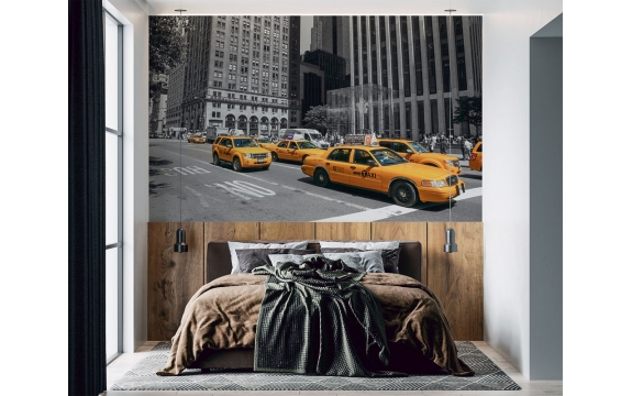 Фотообои FTL-11-00006 Нью-Йорк, город в черно-белом и желтое такси №1