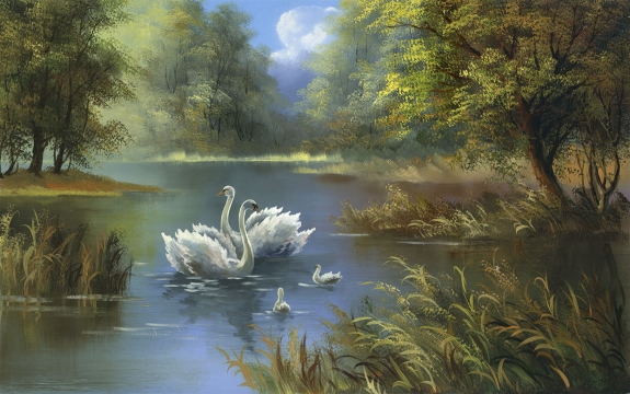 Фотообои FTXL-12-00010 Картина лебеди на озере в лесу