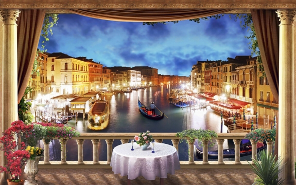 Фотообои FTXL-14-00005 Кафе на террасе с колоннами, вид на ночной город, Венеция
