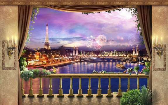 Фотообои FTXL-14-00012 Балкон на террасе с видом на ночной Париж и Эйфелеву башню