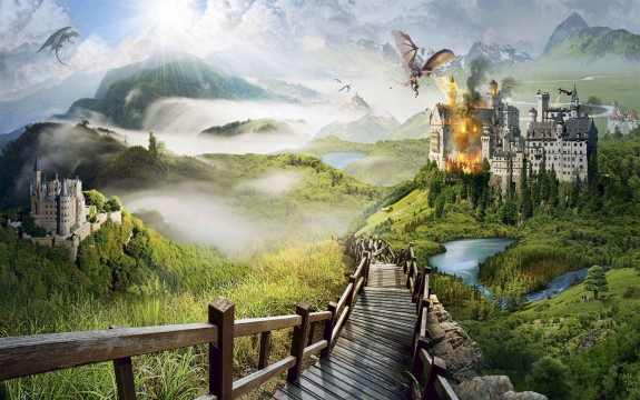Фотообои FTXL-14-00022 Горы, замок и драконы, фэнтезийная природа