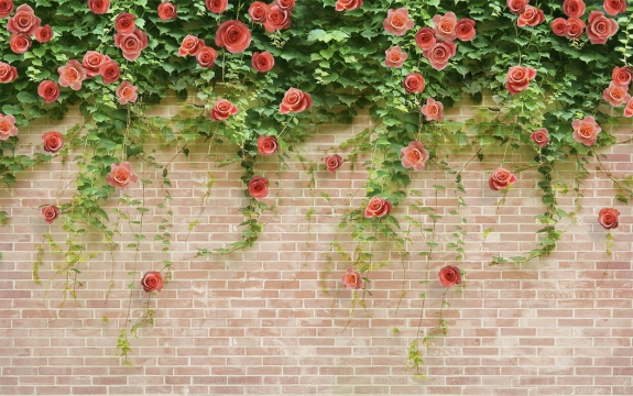 Фотообои 3D FTXL-09-00009 Кирпичная стена с цветами роз