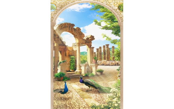 Фотообои FTP-2-14-00063 Фреска с аркой: павлины в античном саду