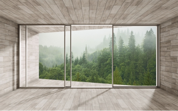 Фотообои MXL-00239 Окна на террасе с видом на туманный хвойный лес