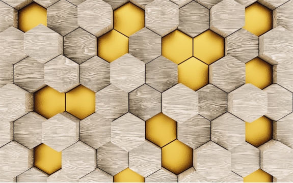 Фотообои MXL-00233 3Д деревянные блоки с золотом, геометрическая композиция под срез дерева