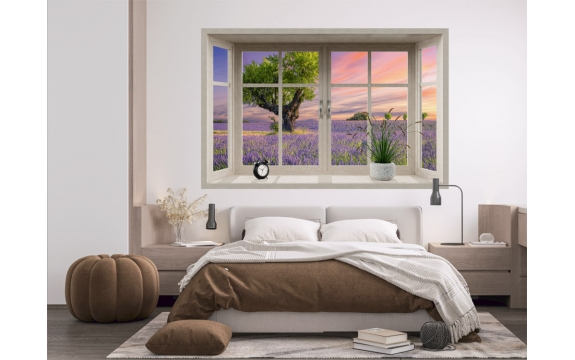 Фотообои MS-00026 Окно с видом лавандовое поле на закате №1
