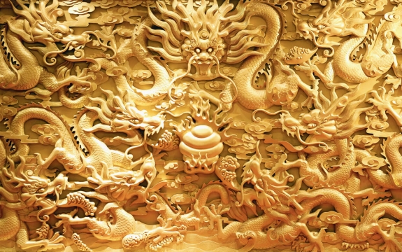Фотообои 3D FTXL-09-00024 Барельеф золотые драконы, со стереоскопическим эффектом