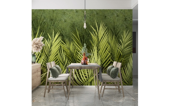 Фотообои MXL-00226 Зеленые пальмовые листья на старом бетоне, объемные 3Д №2