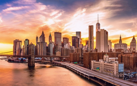Фотообои FTXL-02-00005 Нью-Йорк, вид на Бруклинский мост, город на закате