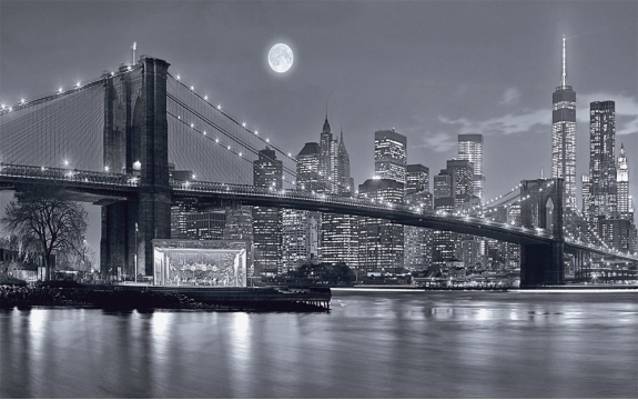 Фотообои FTXL-02-00014 Нью-Йорк, черно-белый Бруклинский мост, ночной город