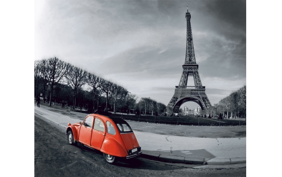 Фотообои FTX-04-00008 Ретро автомобиль на фоне Эйфелевой башни, черно-белый Париж