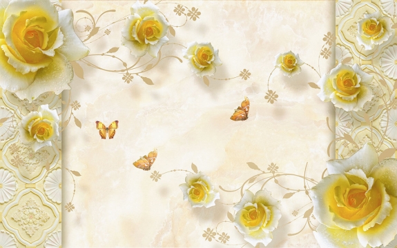 Фотообои 3D FTXL-09-00026 Стереоскопические желтые розы и бабочки на мраморе