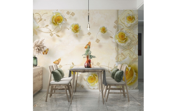 Фотообои 3D FTXL-09-00026 Стереоскопические желтые розы и бабочки на мраморе №1