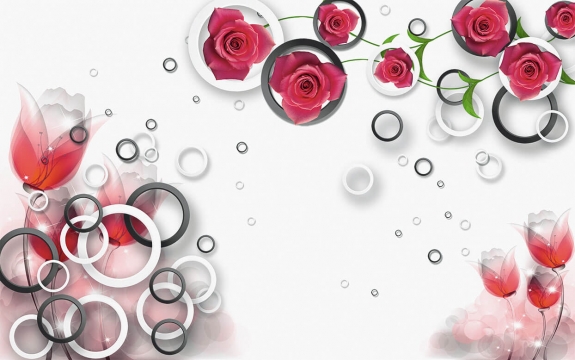 Фотообои 3D FTXL-09-00028 Стереоскопические розы с абстрактными цветами на белых и черных кольцах