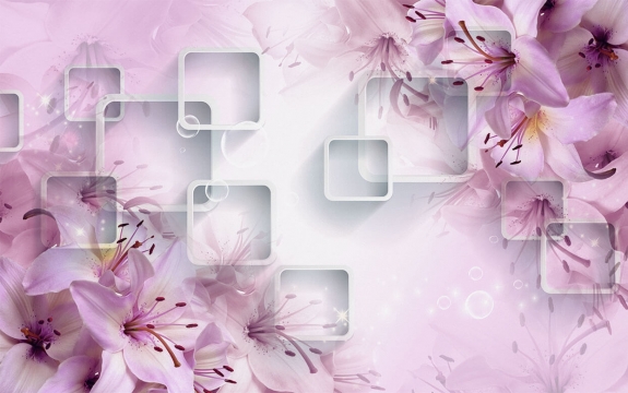 Фотообои 3D FTXL-09-00029 Розовые лилии на квадратах, стереоскопический эффект
