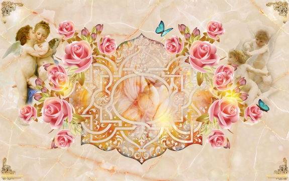 Фотообои 3D FTXL-09-00032 Стереоскопические ангелы и розы на мраморном фоне