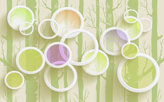 Фотообои 3D FTXL-09-00035 Разноцветные круги на деревьях, стереоскопическая композиция с кольцами