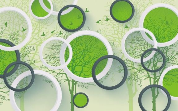 Фотообои 3D FTXL-09-00038 Зеленые круги и деревья, абстракция с кольцами