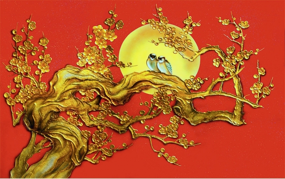 Фотообои 3D FTXL-09-00043 Стереоскопическое дерево из золота на красном фоне под барельеф