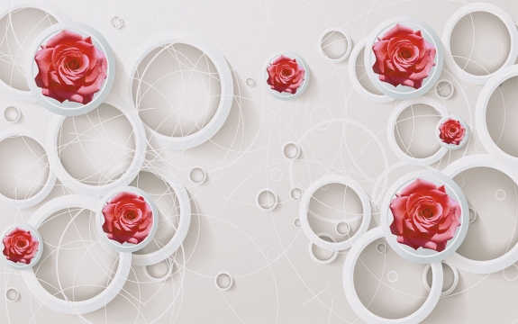 Фотообои 3D FTXL-09-00045 Стереоскопические розы на абстрактном фоне с кольцами