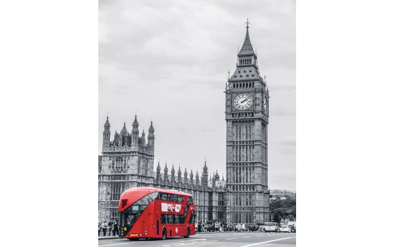 Фотообои FTVV-04-00027 Лондон, красный автобус и Биг-Бен в черно-белом стиле