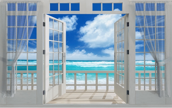 Фотообои MXL-00219 3D Окно на балконе с видом на морской прибой, расширяющие пространство