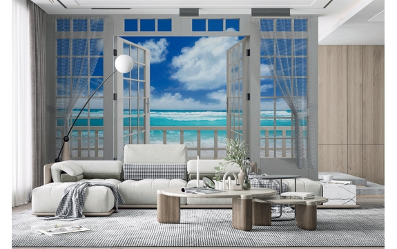 Фотообои MXL-00219 3D Окно на балконе с видом на морской прибой, расширяющие пространство №1
