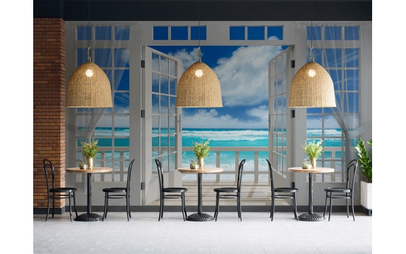 Фотообои MXL-00219 3D Окно на балконе с видом на морской прибой, расширяющие пространство №2