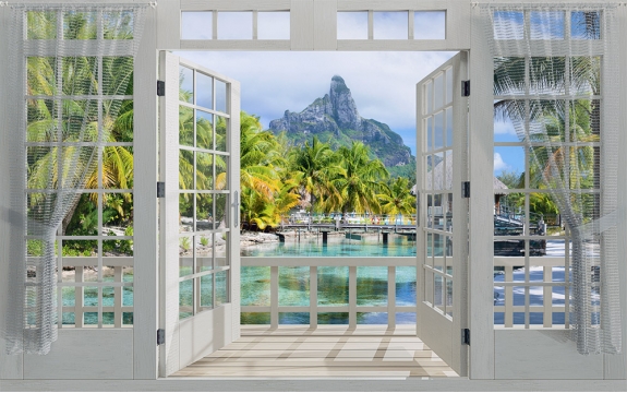 Фотообои MXL-00218 3D Окно на террасе с видом на тропическую природу, море и пальмы, расширяющие пространство