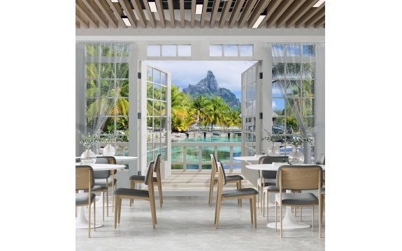Фотообои MXL-00218 3D Окно на террасе с видом на тропическую природу, море и пальмы, расширяющие пространство №2