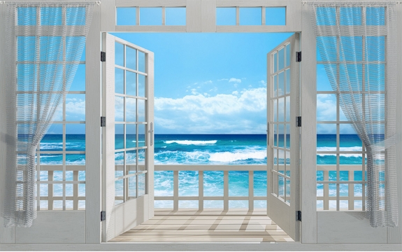 Фотообои MXL-00217 Светлая веранда с окном на море, терраса на природе, расширяющие пространство