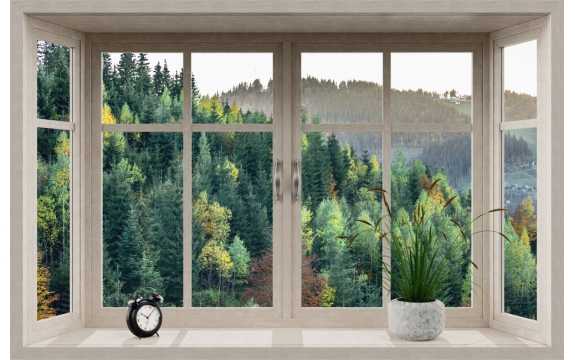 Фотообои MS-00030 Бежевое 3Д окно с видом на еловый лес в горах, осенняя природа