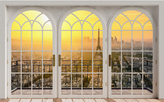 Фотообои MXL-00272 Арочное окно с видом на Париж в свете заката