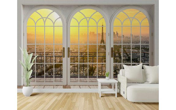 Фотообои MXL-00272 Арочное окно с видом на Париж в свете заката №1
