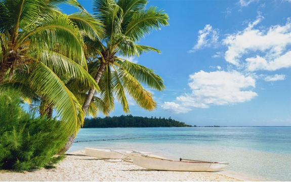 Фотообои FTXL-01-00127 Морской пляж с пальмами и лодочкой на берегу, тропический остров