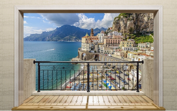 Фотообои MXL-00210 Балкон с окном с видом на итальянский город у морского побережья