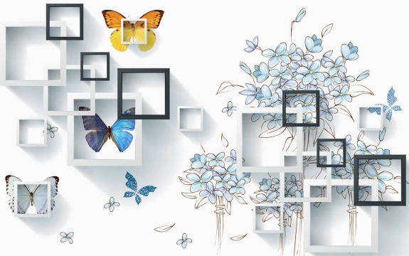 Фотообои 3D FTXL-09-00068 Стереоскопические бабочки и рисованые цветы на квадратах