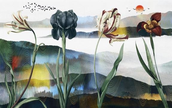Фотообои FTXL-14-00039 Винтажные цветы на фоне в стиле китайской живописи, абстрактные горы