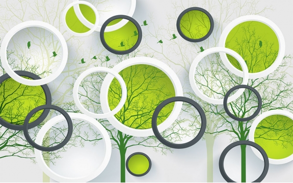 Фотообои 3D FTXL-09-00089 Абстракция с кольцами, деревьями и зелеными кругами