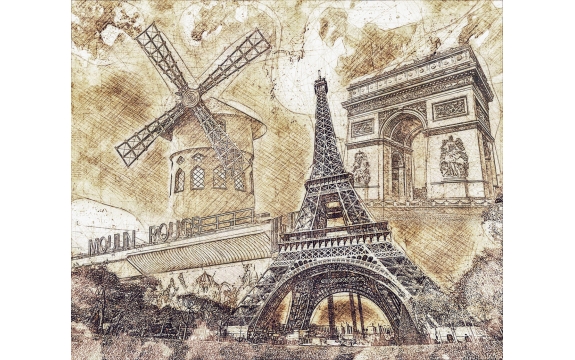 Фотообои MX-00001 Фреска Париж, Эйфелева башня и достопримечательности Франции