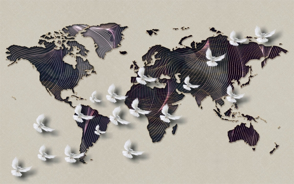 Фотообои 3D FTXL-09-00103 Карта мира и голуби под лофт, абстрактная композиция