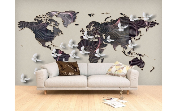 Фотообои 3D FTXL-09-00103 Карта мира и голуби под лофт, абстрактная композиция №1